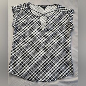 Express Black and White Check Plaid Cap-Sleeve V-Neck Blouse Women Size XS